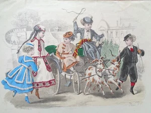 GRAVURE DE MODE ANCIENNE 1867 ENFANTS ATTELAGE CHEVRES Style Old Fashion Plate - Picture 1 of 2