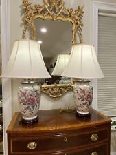 Pair of Vintage Moriage Painted Chinese Porcelain Lamps: Lovely Florals