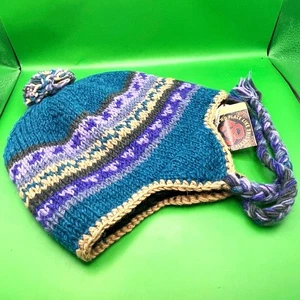 Gypsy Rose Handarbeit Strick Beanie Mütze Chullo Fleece gefüttert Bommel Zöpfe peruanisch Boho - Bild 1 von 10