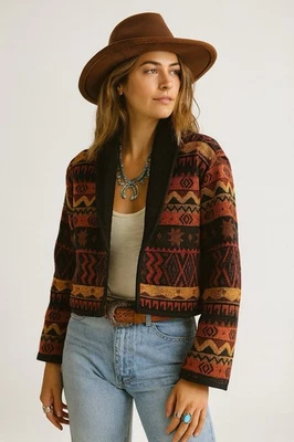 Jaqueta blazer vintage SOUTHWESTERN AZTEC algodão faroeste prata fivela colorida G - Imagem 1 de 4