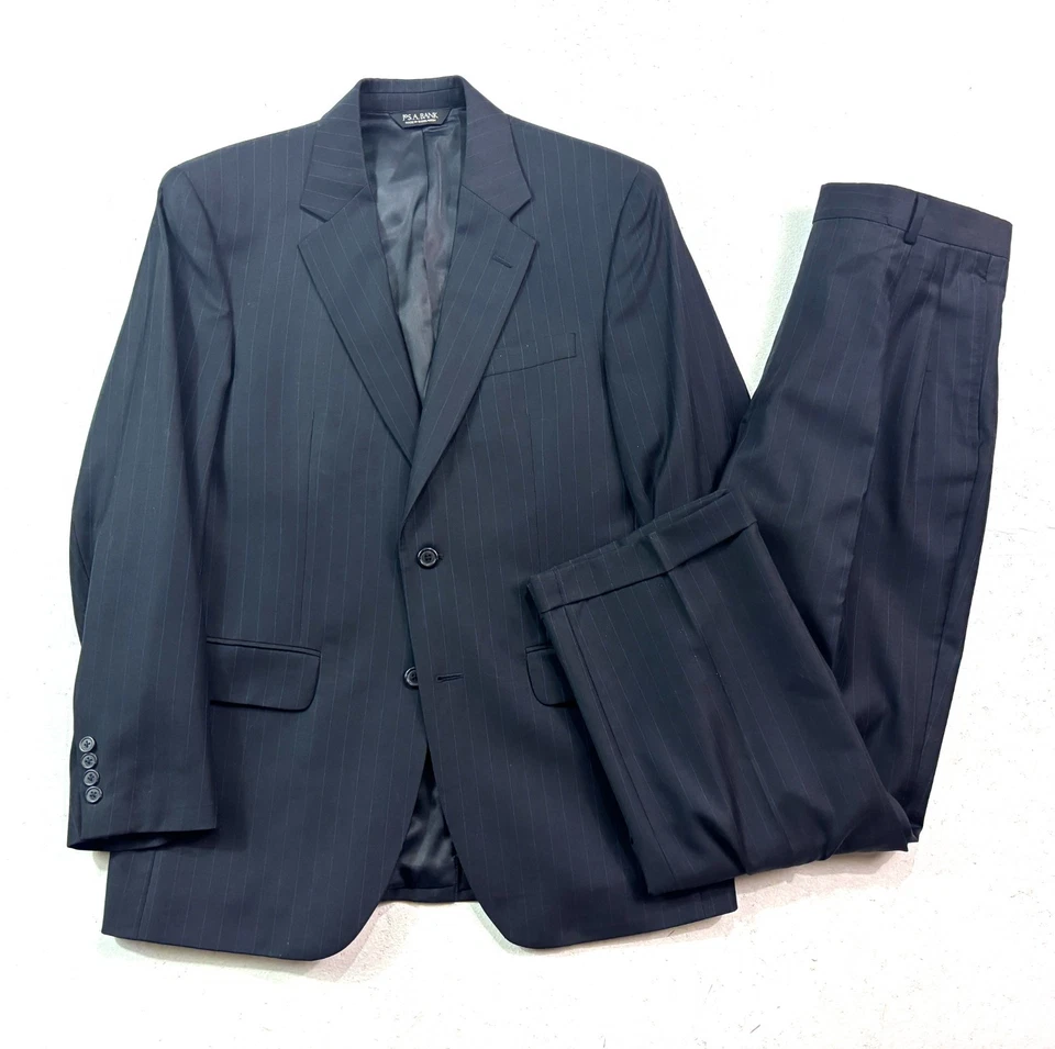 Traje Pantalón Jos A Bank 40R 34x30 2 piezas Azul Marino Rayas Toda Temporada Lana Plisado Foto 1 de 4