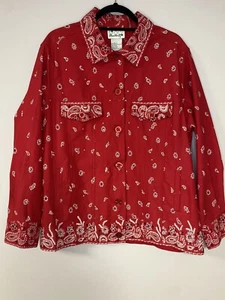 Vintage Red Bandana Paisley Print Quacker Factory Jean Jacket Women's L Sequin - Picture 1 of 10