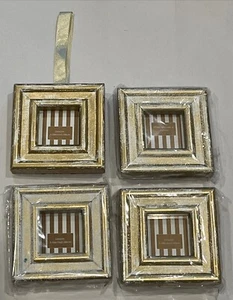 Set Of 4 Small Wooden Washed Gold Decorative Frames Ornaments w/Hanging Ribbon - Picture 1 of 13