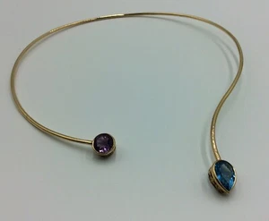 STUNNING 9CT 9K YELLOW GOLD NATURAL AMETHYST AND TOPAZ LADIES CHOKER NECKLACE - Picture 1 of 10