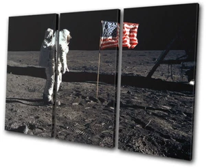 NASA Apollo USA Flag Astronaut Moon Space TREBLE CANVAS WALL ART Picture Print - Picture 1 of 1