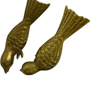 Vintage Pair Brass Birds Eating Head Down 4" long Detailed Wild Bird Figurines - Picture 1 of 7