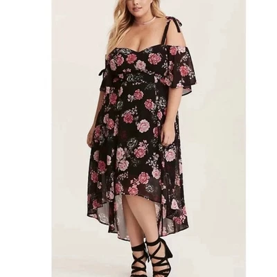 Torrid Pink Floral Hi Low Tie Strappy Shoulder Boho Chiffon Midi Dress Size 4X - Image 1 of 4