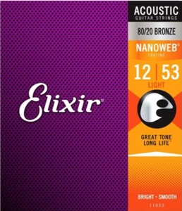 Elixir Acoustic Guitar Strings Nanoweb 80/20 Bronze 12-53 + 6 Guitar Picks - Picture 1 of 3