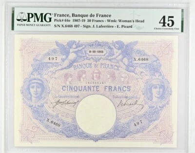 France 50 Francs 8-10-1915 Pick# 64e PMG: 45 Extra Fine. #PL2661 - Image 1 of 2
