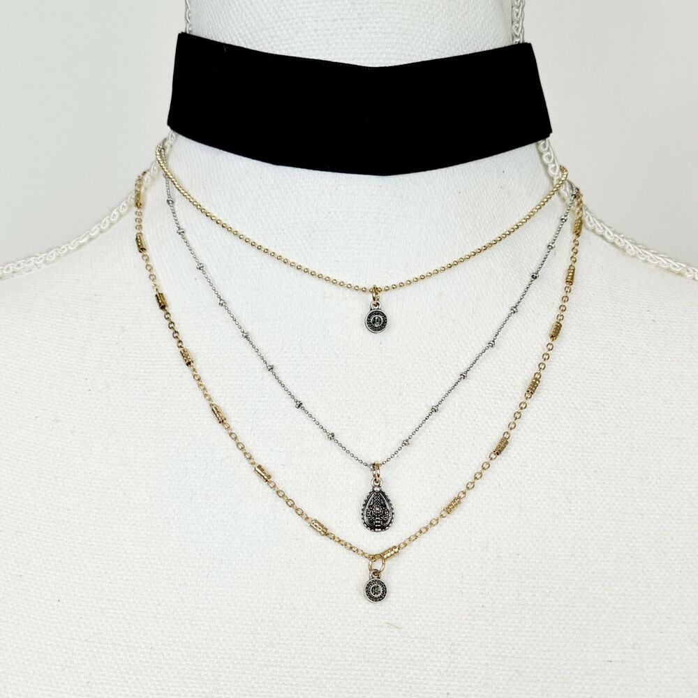Vintage Style Classic Choker Necklace Layer Multi Chain Black Velvet 2-Toned
