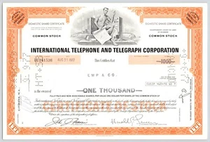 1977 Corpo Internazionale Telefonico E Telegrafico 1000 Azioni Certificato Stock - Foto 1 di 2