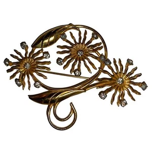 Vintage Brosche Goldton mit Glaskristallen Blumen und Blättern große Reversnadel - Bild 1 von 9