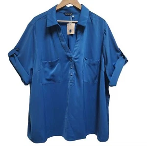 BloomChic Blouse Womens 26 Blue Roll Tab Short Slv Popover Pockets Lightweight - Picture 1 of 12