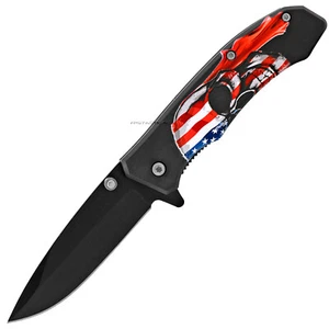 Falcon Compact Stainless Steel Spring Assisted Knife w ABS American Skull Scales - Picture 1 of 2
