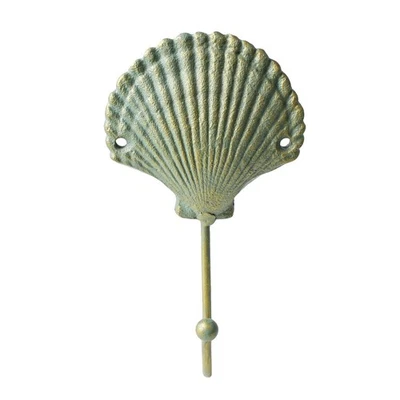 Verdigris Cast Iron Flat Scallop Shell Wall Hook Nautical Key Towel Coat Hanger - Image 1 of 3