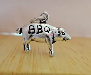 Sterling Silver 3D 12x19mm Solid Pig Hog Pork says BBQ Charm - Picture 1 of 6