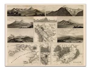 Antique Map GEOLOGY Poster 1851 Vintage Mountains & Volcanos 17x22" GERMAN Print - Bild 1 von 2