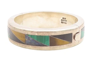 MEXICO 925 Silver Vintage Malachite Tiger's Eye Lapis Lazuli Bracelet BT2446 - Picture 1 of 8