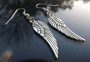 Silver Angel Wing Dangle Drop Earrings for Pierced Ears - Picture 1 of 2