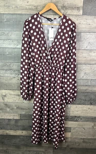 Abito lungo alto Sally midi taglia UK 12 marrone cioccolato a pois finto avvolgente - Foto 1 di 10