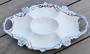 PARS COLLECTIONS Porcelain Divided Platter w/ Handles, Silver Embellished Roses - Picture 1 of 4