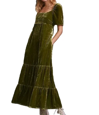 Vestido Anthropologie Terciopelo Imperio Cintura Talla 4 Musgo Midi Niveles Hada Caprichoso Foto 1 de 4