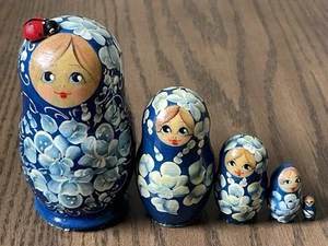 Russian Nesting Dolls Blue Floral Flowers Ladybug Wood 5 Dolls - Picture 1 of 14