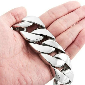 Men's Chunky Heavy Silver Curb Cuban Link Chain 316L Stainless Steel Bracelet - Picture 1 of 8