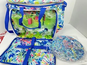 NEW LILLY PULITZER DIVE IN PICNIC BASKET COOLER BAG WITH PLATES AND CUPS - Picture 1 of 4