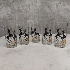 Vintage 5 pc MCM Black & Gold Antelope Gazelle Impala Drink Glasses 5 1/2" tall - Picture 1 of 15