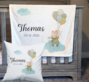 Personalised Baby blankets soft fleece, bear with balloon nursery cushion, - Picture 1 of 2