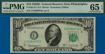 1950D $10 Federal Reserve Note PMG 65EPQ wanted popular Philadelphia Fr 2014-C - Image 1 of 3