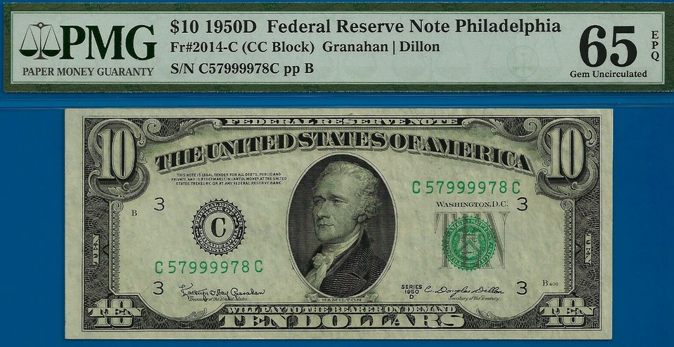 1950D $10 Federal Reserve Note PMG 65EPQ wanted popular Philadelphia Fr 2014-C - Image 1 of 3