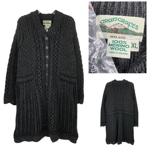 New Arancrafts Ireland Sz XL Charcoal Gray 100% Wool Cardigan Sweater Longline - Picture 1 of 8