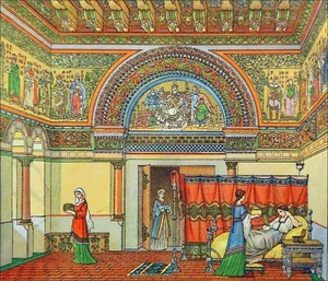 INTÉRIEUR BYZANTIN au NEUVIÈME SIÈCLE (BYSANCE) - Gravure couleur (de P. Baron) - Bild 1 von 2