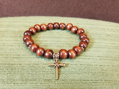 Pulsera de Oración Espiritual Estirada Cruz Cobre Religiosa Cuentas de Madera Foto 1 de 4