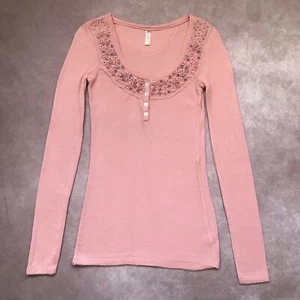 Free People rosa Blume bestickt Perlen Blumen Waffel Strick thermisch lang Schlamm - Bild 1 von 7