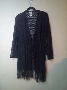 Dotti Cardigan Sweater Women S Long Sleeve Fringe Lace Open Tie Front Black - Picture 1 of 16