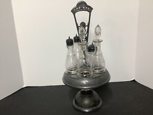 Vtg/Antique Victorian Castor / Cruet Set with 5 Etched Bottles