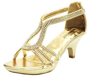 Nuevos zapatos de mujer diamantes de imitación con cremallera trasera tacón medio boda baile de graduación dorado - Imagen 1 de 9