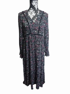 Abito midi prateria manica lunga nero floreale New Directions taglia 8 boho cottagecore - Foto 1 di 5