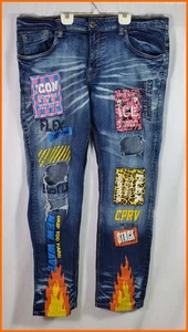 Pantalones de mezclilla para hombre con remache de cobre azul envejecido con parches - 42” x 32” - Imagen 1 de 11