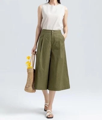 Vintage Evan Picone Cropped Culotte Safari Pleated Pants Khaki Green Waist 26" - Image 1 of 4