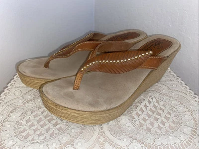 Sandalias Sbicca Mujer Talla 10 M Marrón Cuña Alpargatas Tanga Boho Pluma Foto 1 de 4