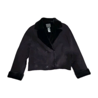 Ralph Lauren 女式大号黑色标签麂皮绒人造毛皮双排扣夹克外套  — 第 1/4 张图片