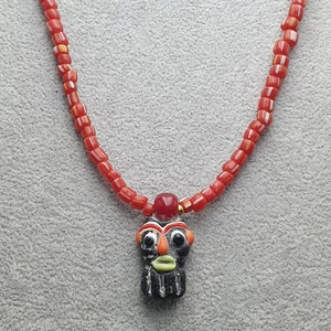 Red & White Glass With Old Face Glass Pendant Necklace - Picture 1 of 18