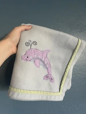Tiddliwinks Purple Dolphin Light Blue Fleece Baby Blanket Lovey Green Trim - Image 1 of 4