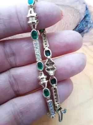 5.00Ct Oval Cut Lab Created Green Emerald Tennis Bracelet 14K Yell Gold Plated7” - Image 1 of 3