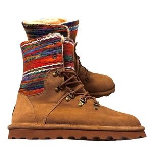Bearpaw Maria Suede Lace Up Boots Womens 12 Brown Wool Lined Colorful Knit Upper - Picture 1 of 11