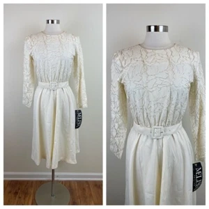 Melissa Vintage Cream Long Sleeve Belted Glam Dress New With Tag Women 6 USA - Picture 1 of 10
